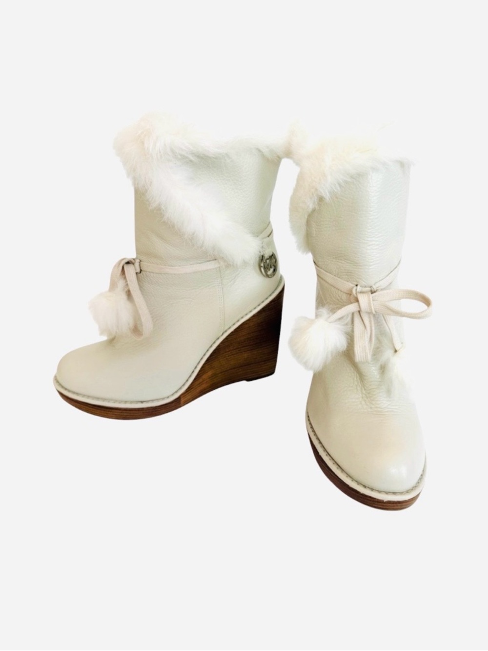 Michael Kors Cream Wedge Leather Ankle Boots with Fur Trim Size 7 1/2